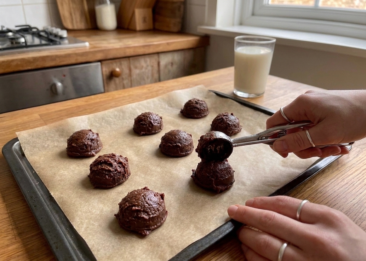 Unbaked brownie cookie batter scoops spaced on a parchment lined baking sheet