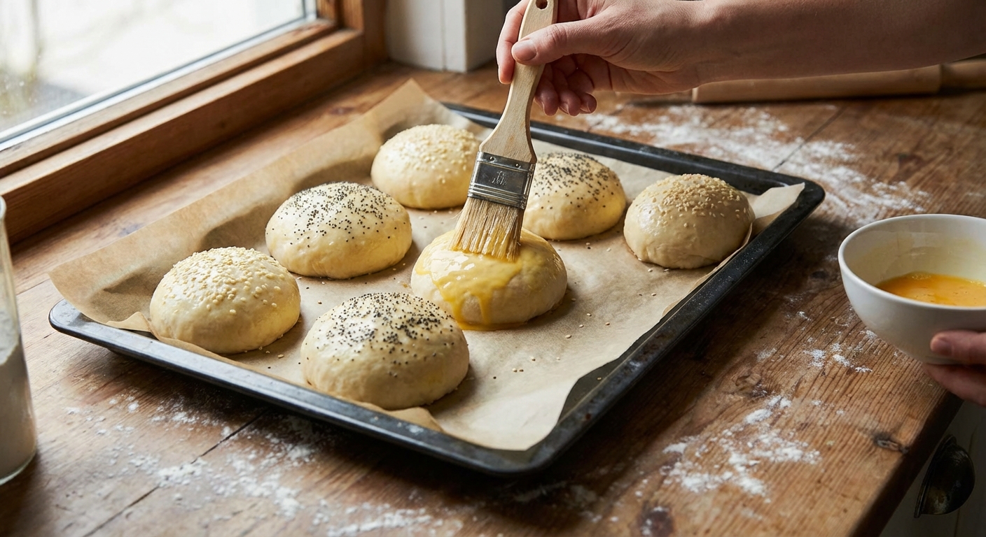 Unbaked burger buns on a parchment-lined baking sheet being brushed with egg wash
