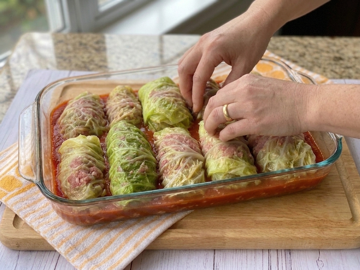 Unbaked cabbage rolls arranged seam-side down in a baking dish with a thin layer of tomato sauce underneath