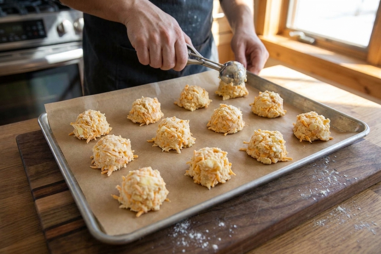 Unbaked cheddar biscuit dough scoops spaced on a parchment-lined baking sheet, ready to bake