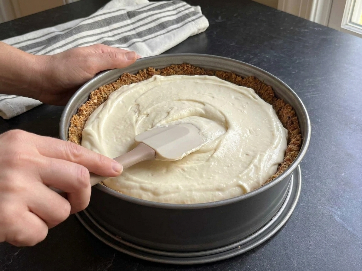 Unbaked cheesecake batter poured into a springform pan over a baked pecan graham crust, with a spatula smoothing the surface
