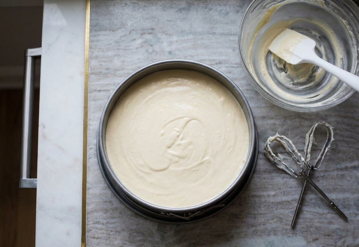 Unbaked cheesecake filling poured into a springform pan on a kitchen counter, ready for the oven.
