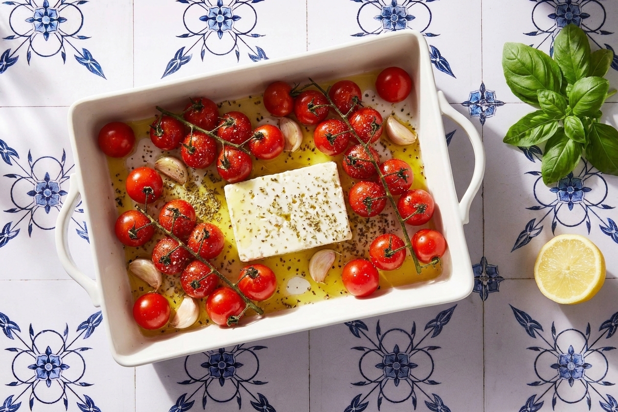 Unbaked cherry tomatoes and a block of feta in a ceramic baking dish with olive oil and garlic, ready to roast