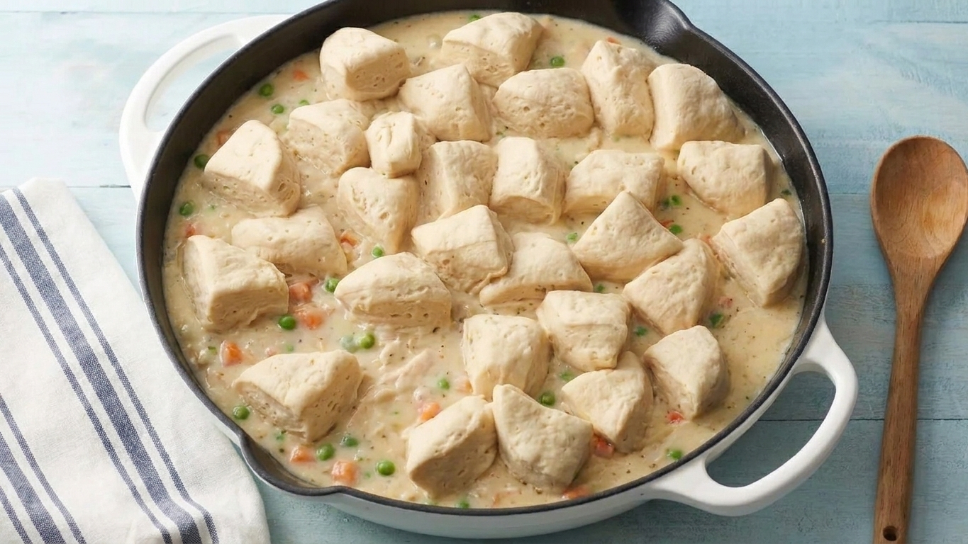 Unbaked chicken pot pie casserole in a baking dish topped with raw Pillsbury biscuits spaced evenly