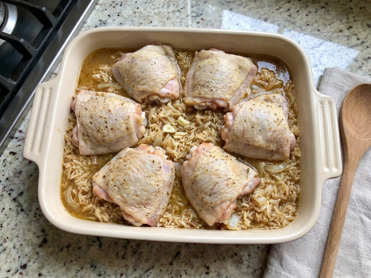 Unbaked chicken thighs arranged on top of seasoned rice and broth in a rectangular ceramic baking dish before going into the oven