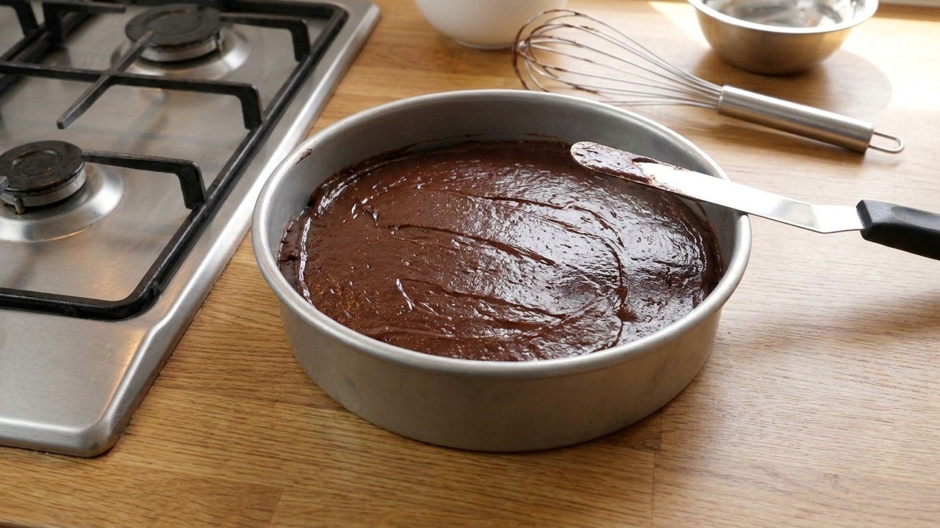 Unbaked chocolate cake batter smoothed in a round cake pan on a kitchen counter