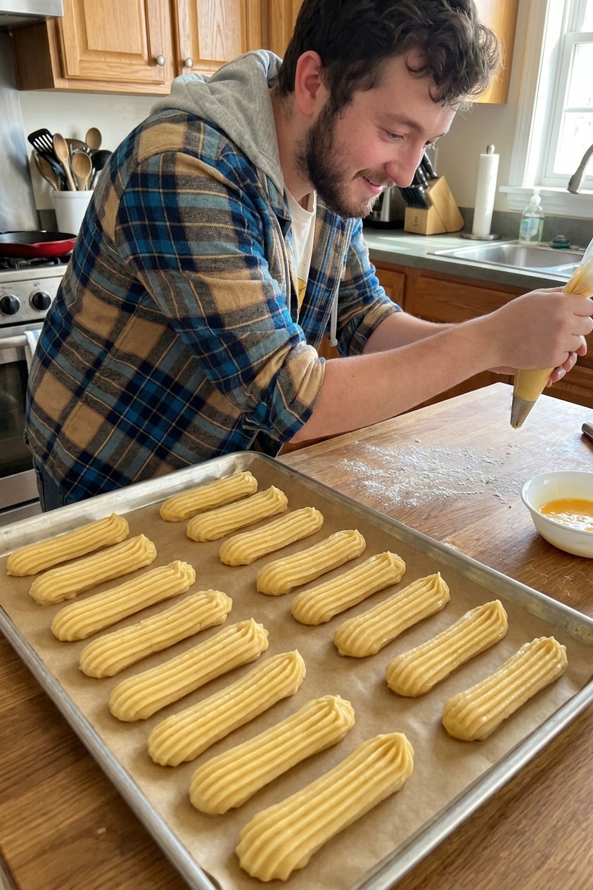 Unbaked choux pastry piped into long ridged éclair shapes on a parchment-lined baking sheet, realistic kitchen photo