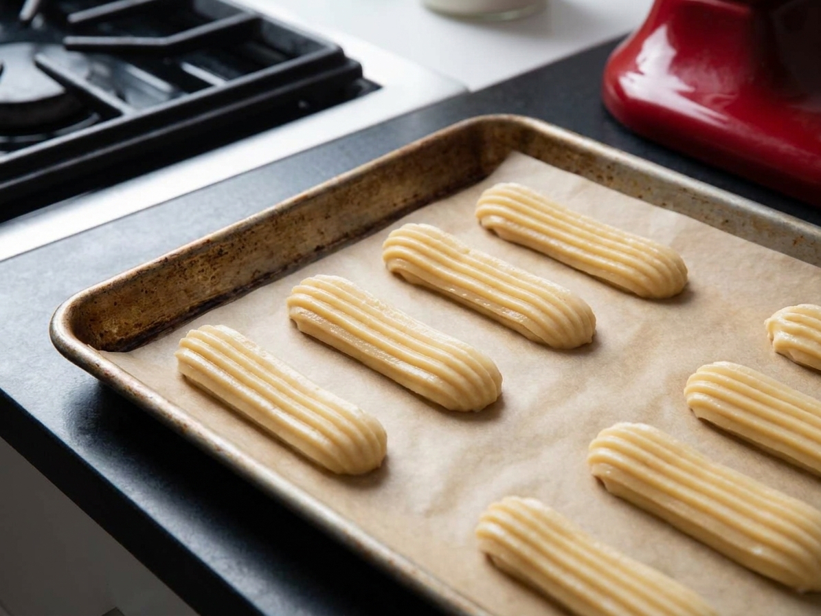 Unbaked éclair dough piped into neat logs on a parchment-lined baking sheet on a kitchen counter
