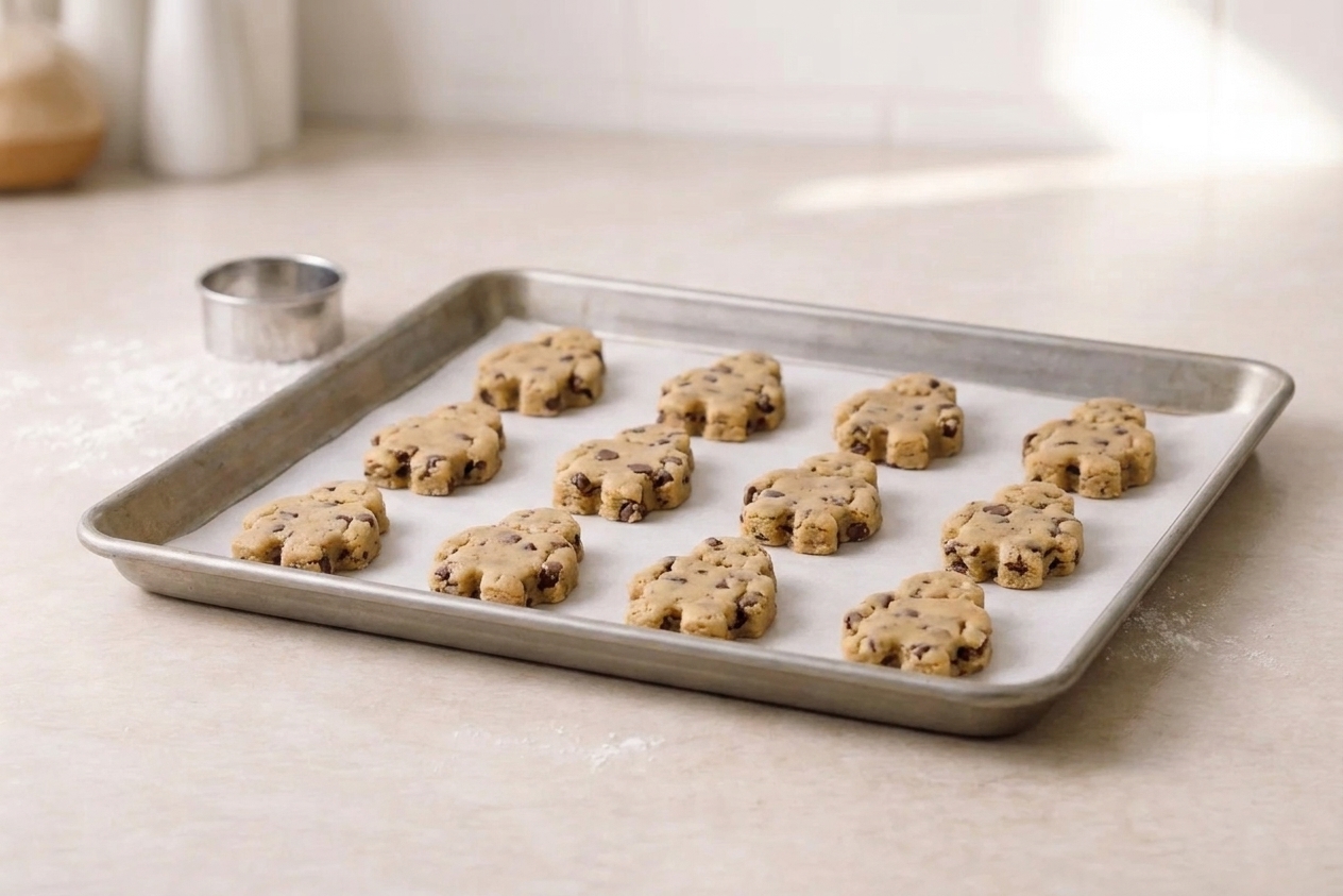 Unbaked cookie cutouts shaped like small golems arranged on a parchment lined baking sheet on a kitchen counter