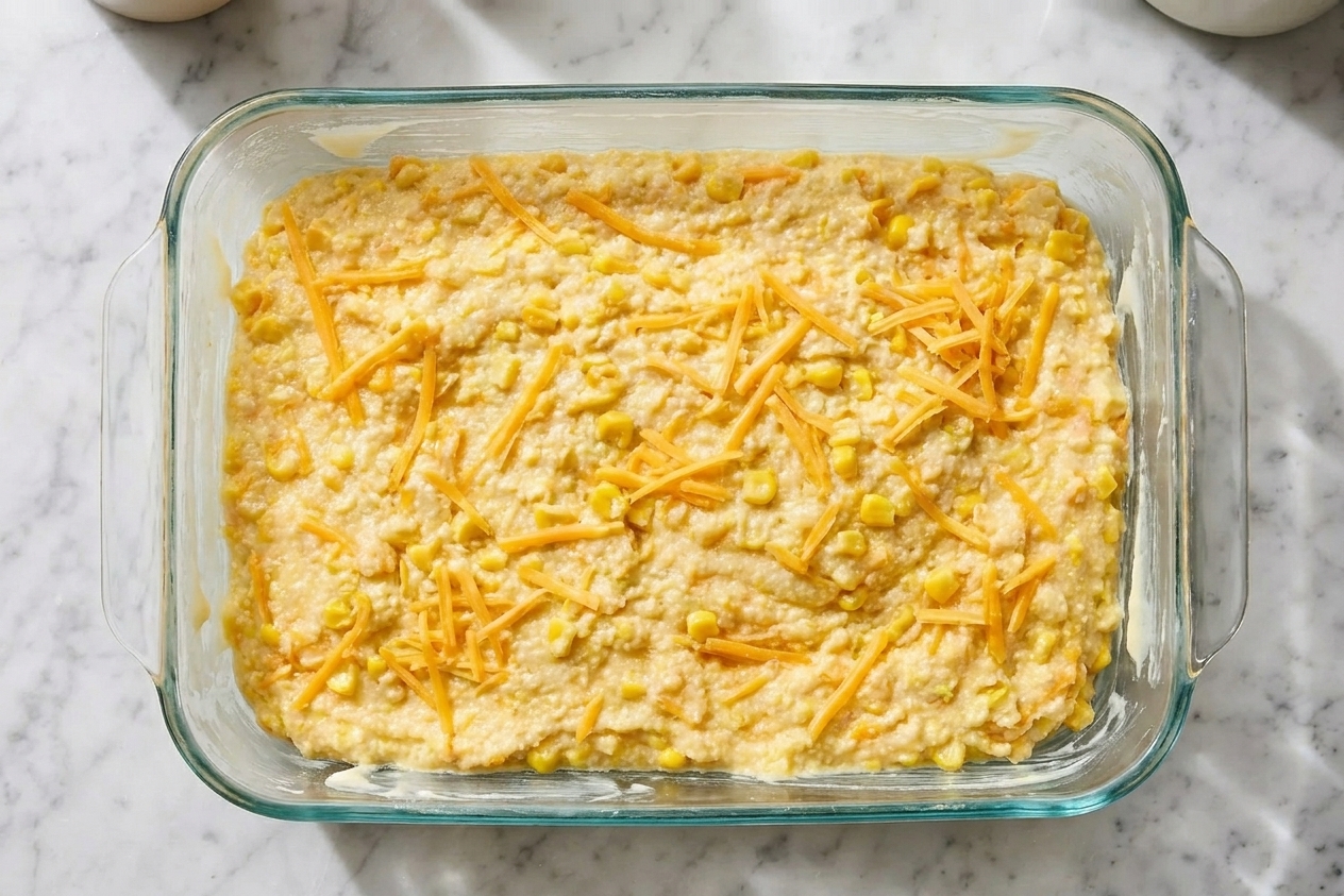 Unbaked cornbread casserole batter spread in a greased glass baking dish with shredded cheddar sprinkled on top