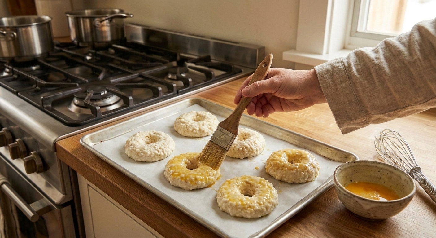 Unbaked cottage cheese bagels on a parchment-lined baking sheet being brushed with egg wash in a bright kitchen