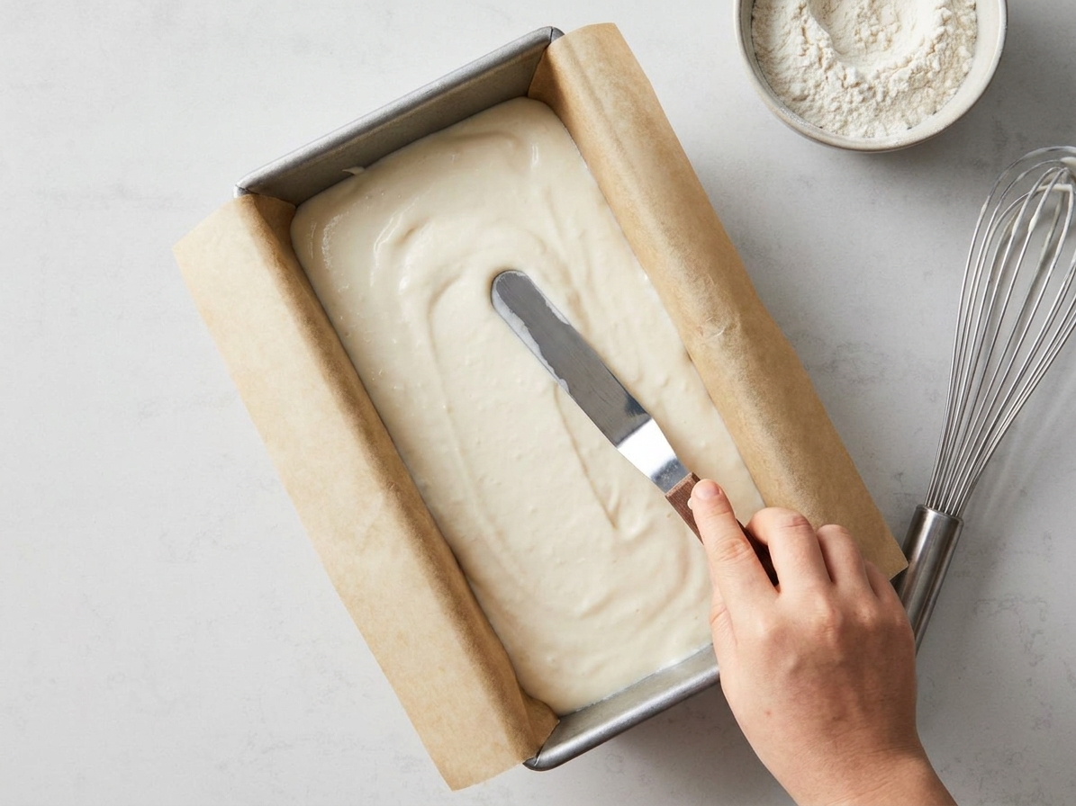 Unbaked cottage cheese bread batter smoothed in a parchment-lined loaf pan on a kitchen counter