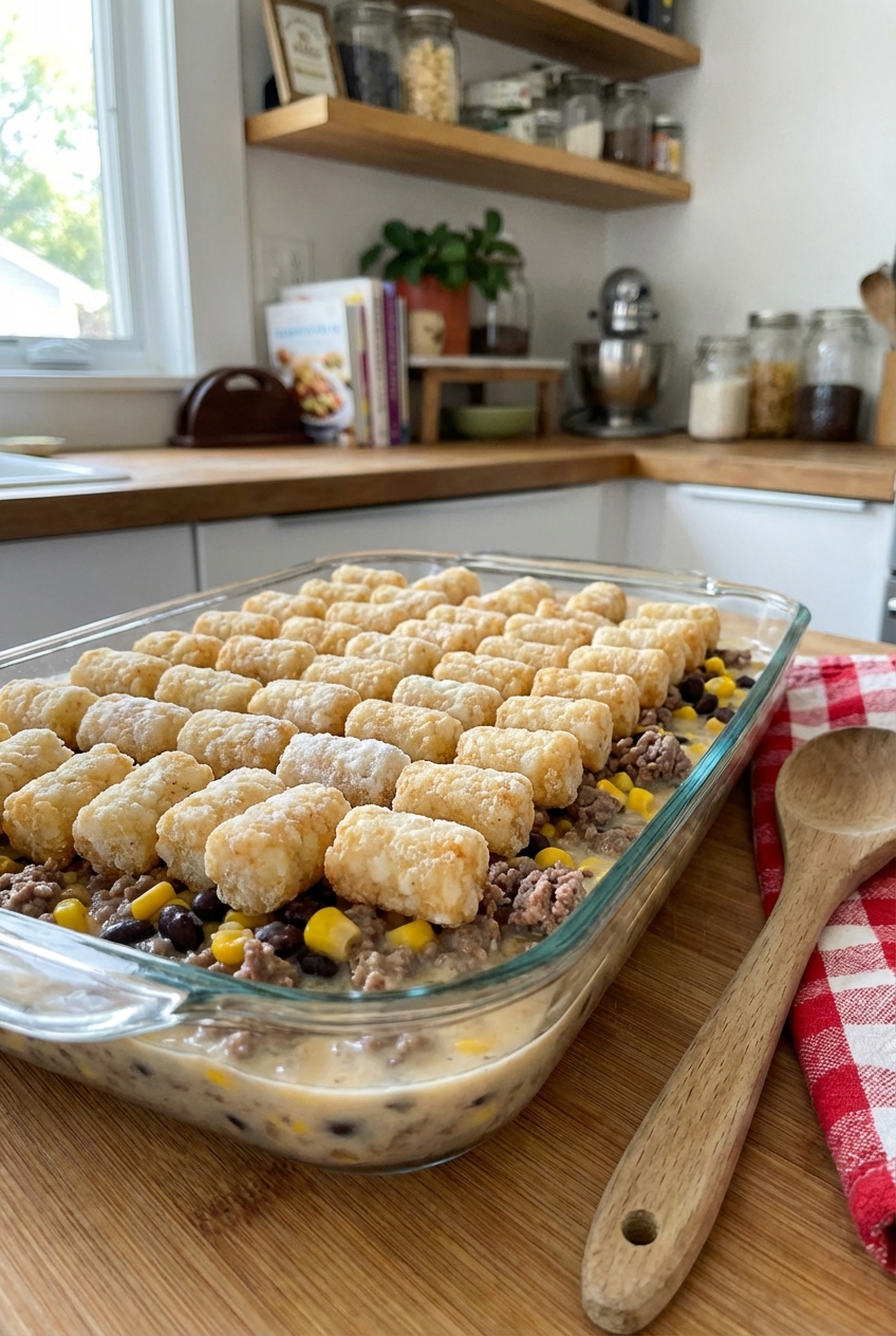 Unbaked cowboy casserole in a baking dish with frozen tater tots arranged in a single layer on top