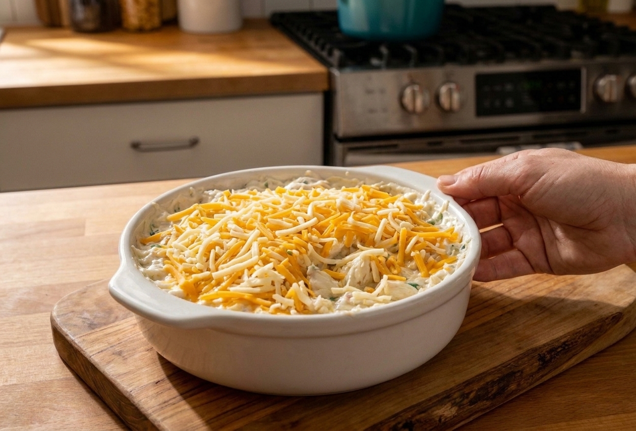 Unbaked crab dip spread in a small white baking dish with shredded cheese on top, ready to go into the oven