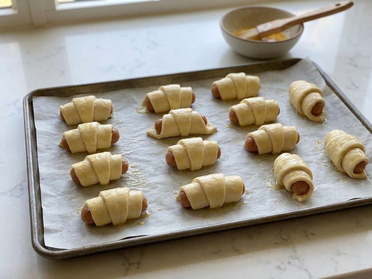 Unbaked crescent roll pigs in a blanket arranged in rows on a parchment-lined baking sheet, ready to go into the oven