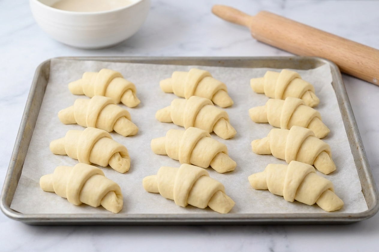 Unbaked crescent rolls arranged on a parchment-lined sheet pan, ready for the second rise
