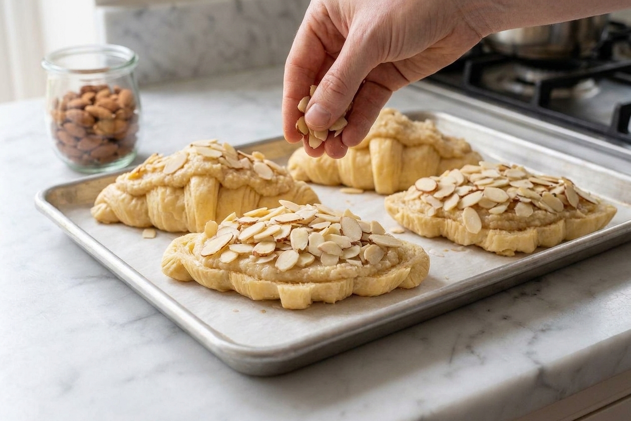 Unbaked croissants on a baking sheet, topped with almond cream and a generous layer of sliced almonds