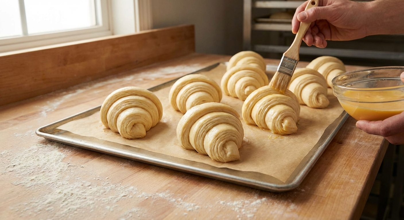 Unbaked croissants proofing on a parchment lined baking sheet, looking puffy and ready for egg wash