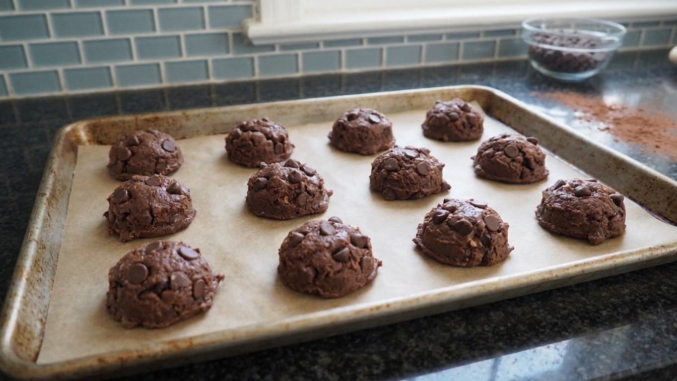 Unbaked double chocolate chip biscuits arranged on a parchment-lined baking sheet ready for the oven