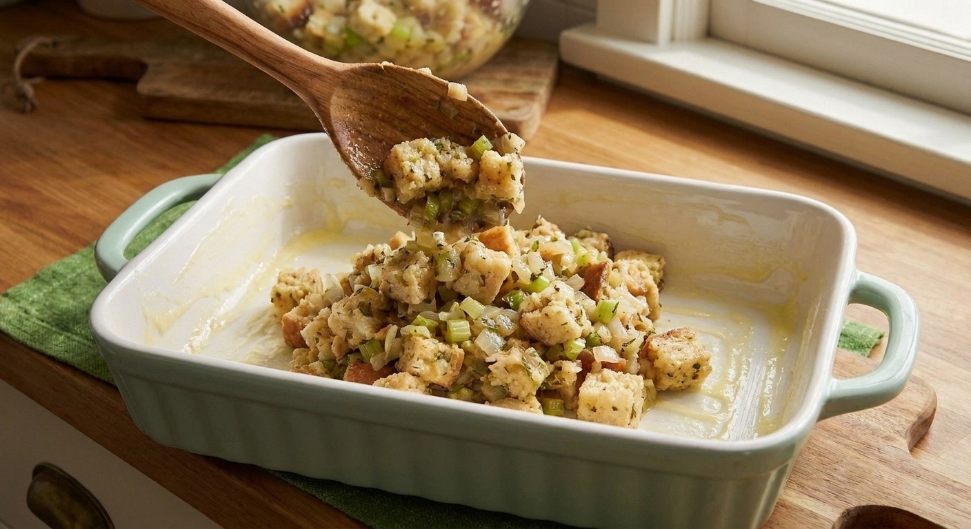 Unbaked dressing mixture being spooned into a buttered ceramic casserole dish on a kitchen counter