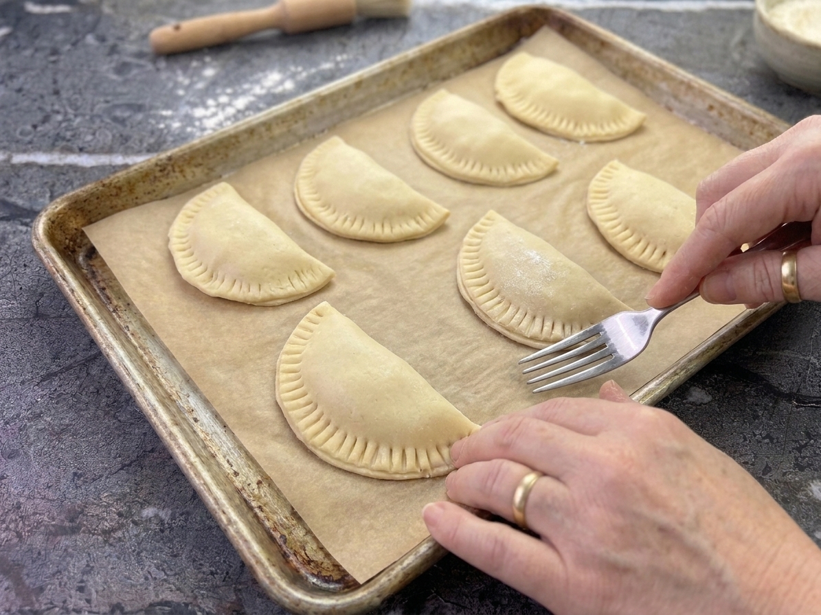 Unbaked empanadas arranged on a parchment lined baking sheet on a kitchen counter