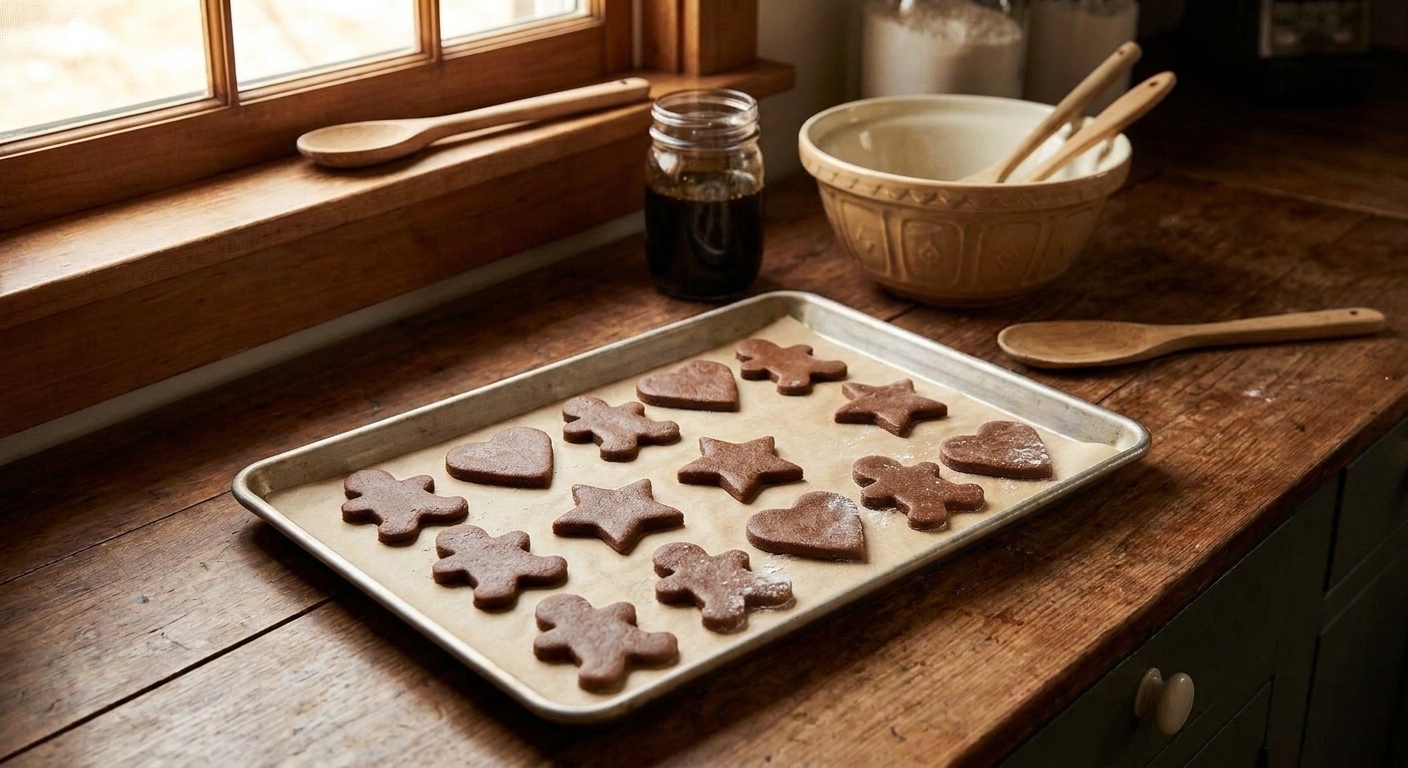 Unbaked gingerbread cookie shapes arranged on a parchment-lined baking sheet on a kitchen counter, ready to go into the oven