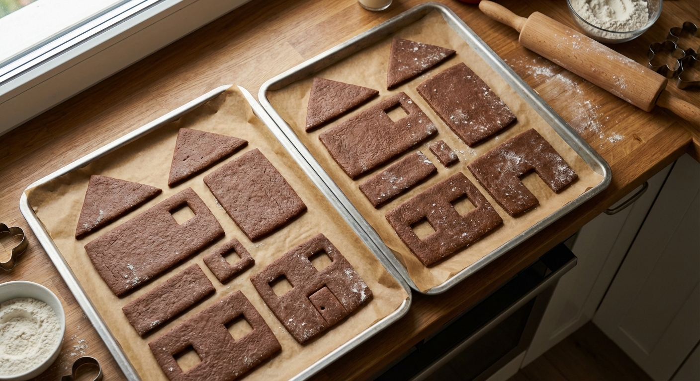 Unbaked gingerbread house panels cut into rectangles and triangles on parchment-lined baking sheets