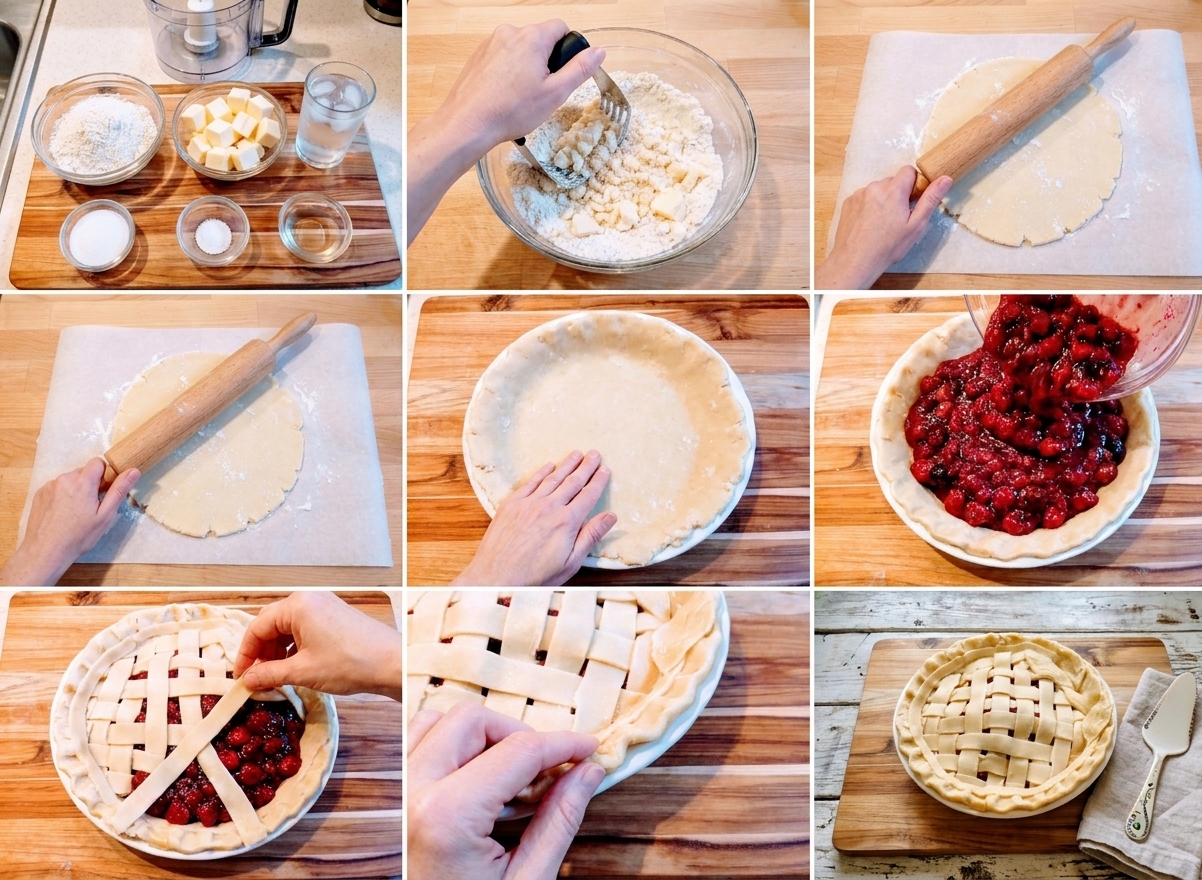 Unbaked gluten free pie dough fitted into a glass pie plate with crimped edges on a kitchen counter