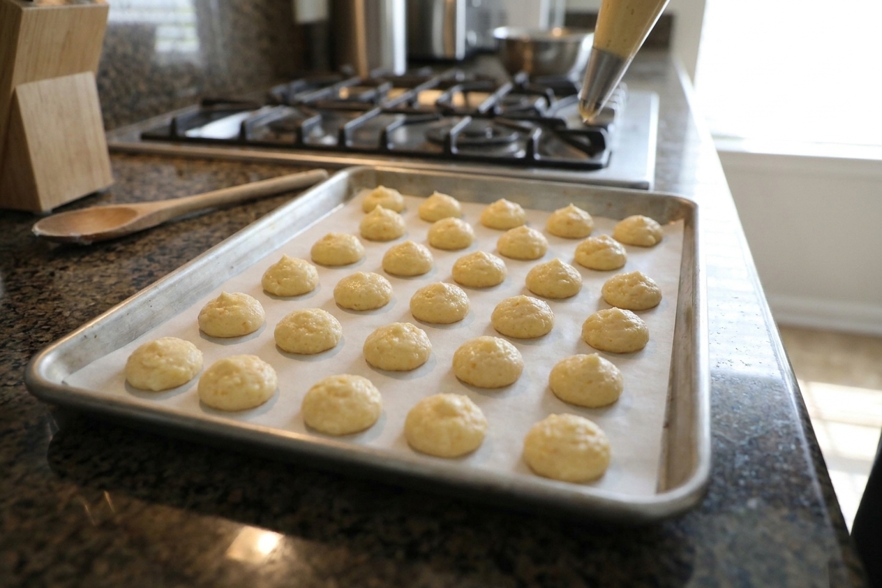 Unbaked gougères piped into small mounds on a parchment lined baking sheet in a bright home kitchen