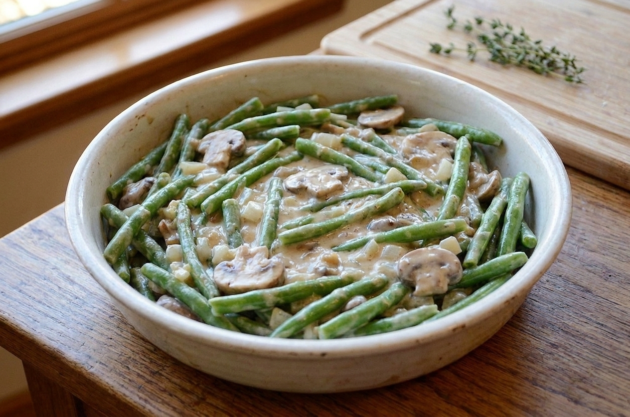 Unbaked green bean casserole mixture spread in a ceramic baking dish on a kitchen counter