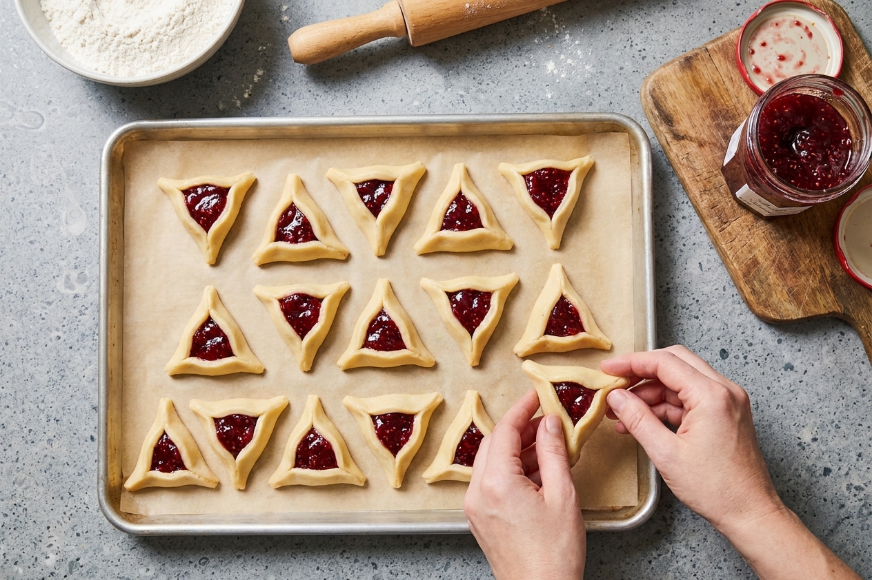 Unbaked hamantaschen shaped into triangles with jam centers arranged on a parchment-lined baking sheet in a home kitchen