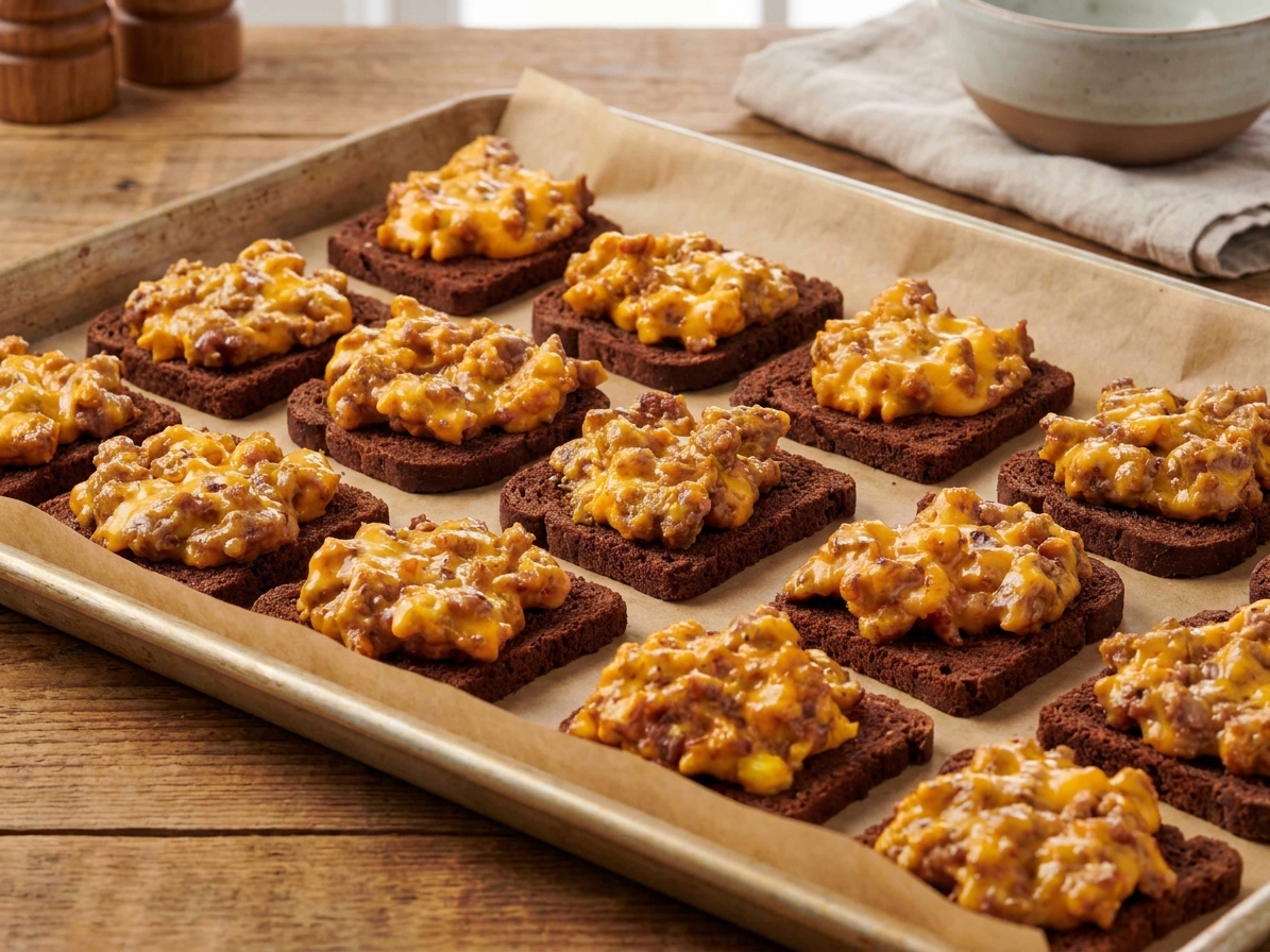 Unbaked hanky panky appetizers arranged in a single layer on a parchment-lined baking sheet, ready to freeze