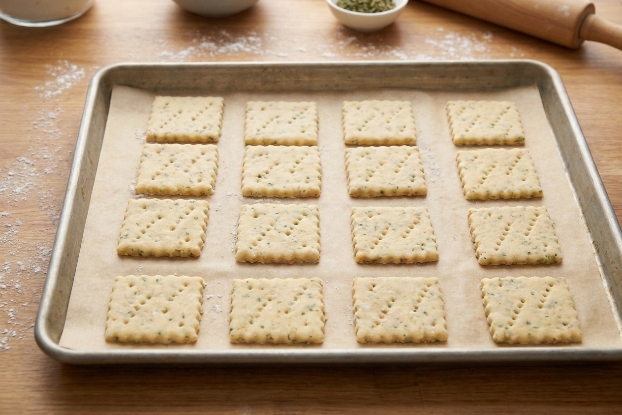 Unbaked hardtack squares arranged on a parchment-lined baking sheet, each square poked with neat rows of holes