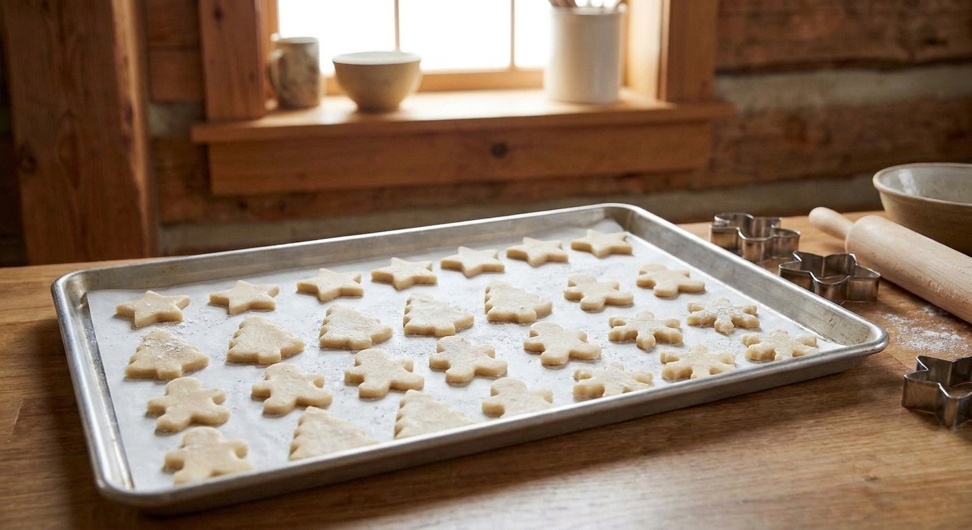 Unbaked holiday-shaped cookie cutouts arranged on a parchment-lined baking sheet