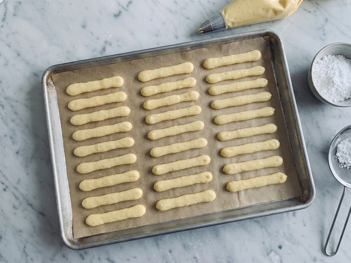 Unbaked ladyfingers piped into even strips on a parchment-lined sheet pan, spaced slightly apart