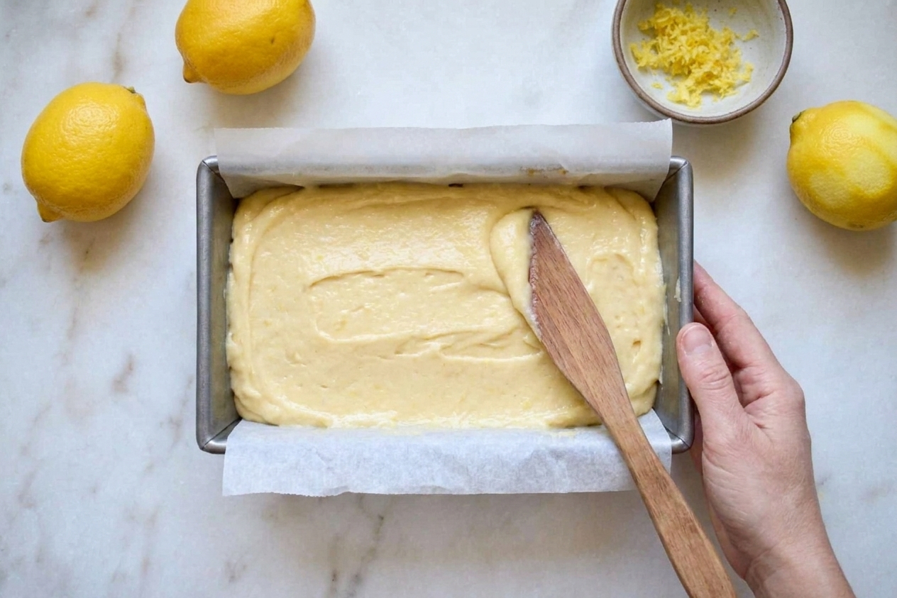 Unbaked lemon pound cake batter smoothed in a parchment-lined loaf pan on a kitchen counter
