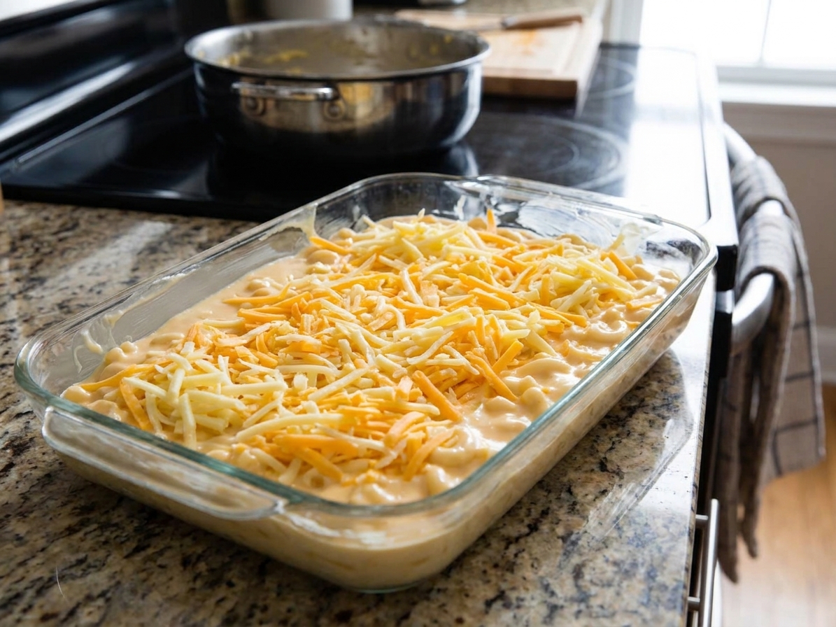Unbaked macaroni and cheese mixture spread evenly in a buttered glass baking dish on a kitchen counter, topped with a thick layer of shredded cheese