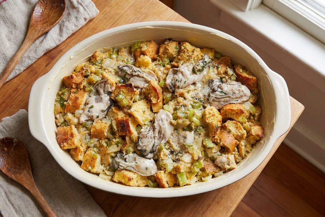 Unbaked oyster dressing mixture spread in a buttered casserole dish on a kitchen counter