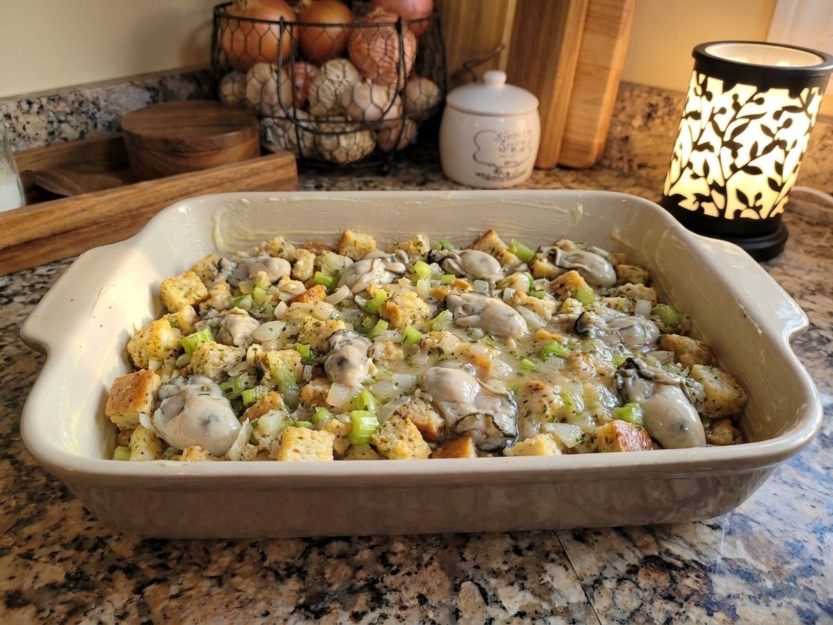 Unbaked oyster dressing spread into a buttered ceramic baking dish on a kitchen counter before going into the oven
