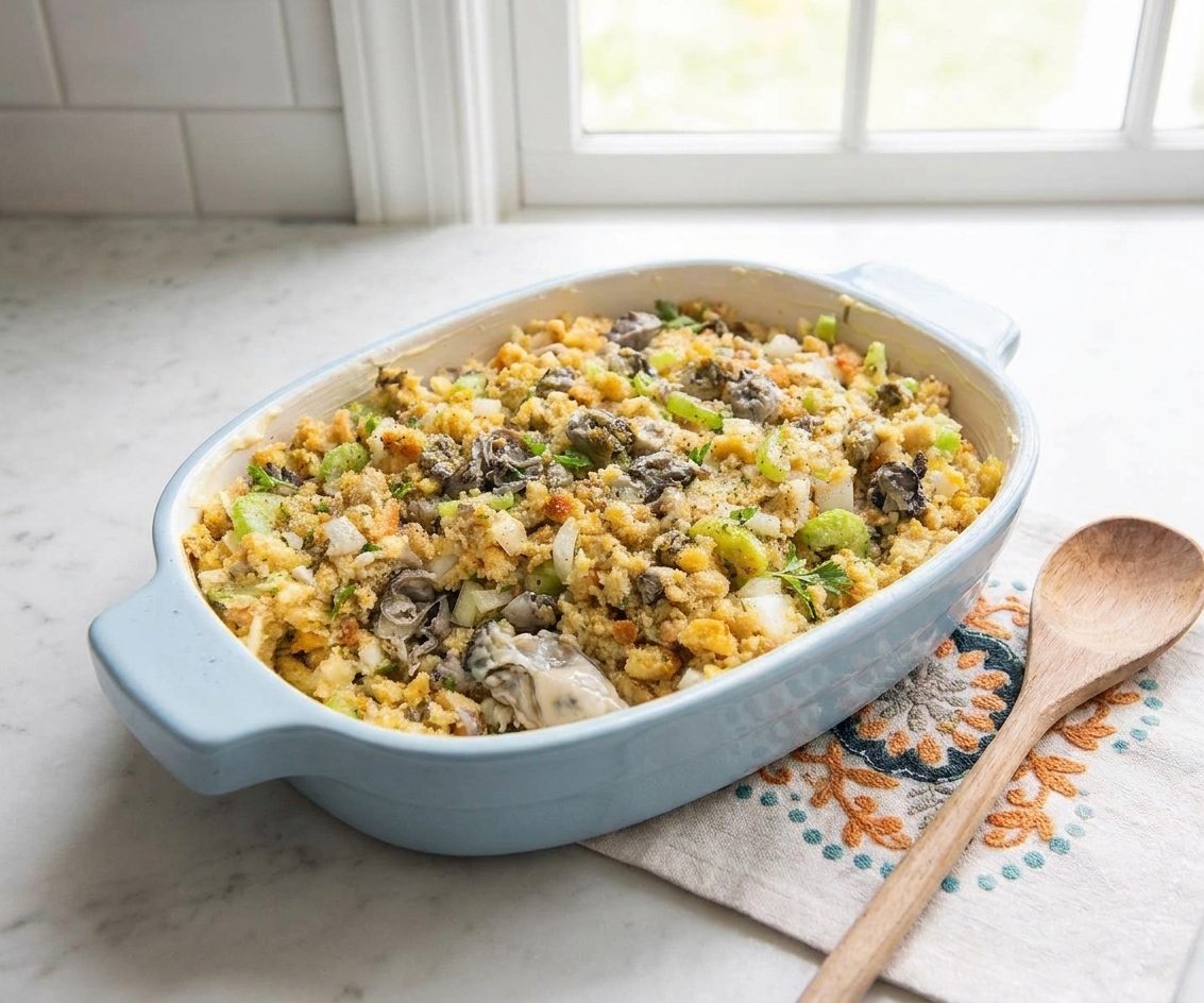 Unbaked oyster stuffing mixture leveled in a buttered casserole dish on a kitchen counter