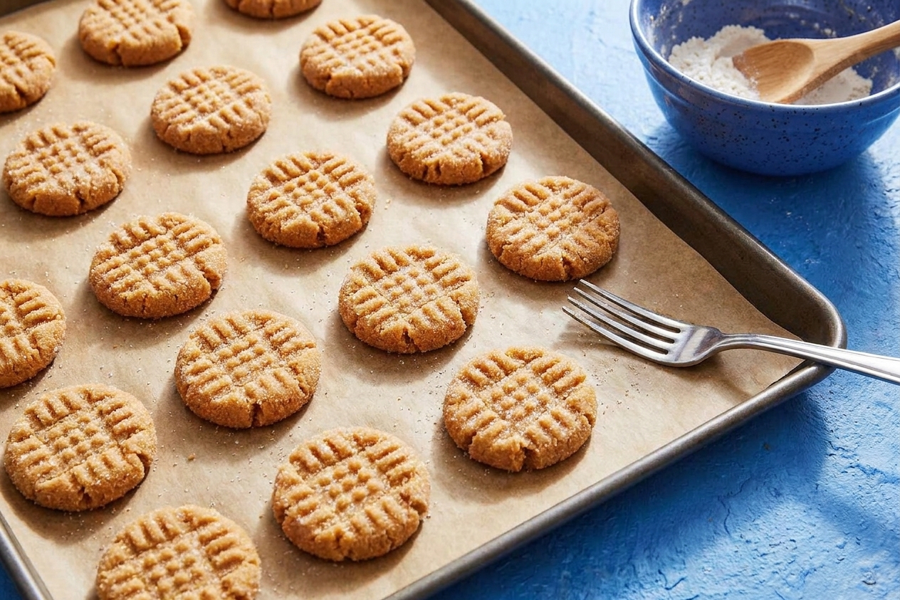 Unbaked peanut butter cookies with fork marks arranged on a parchment-lined baking sheet