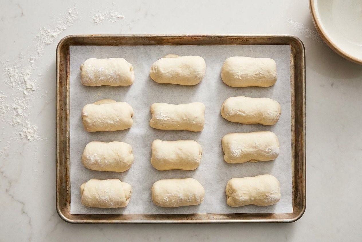 Unbaked pepperoni rolls placed seam side down on a parchment lined sheet pan, evenly spaced