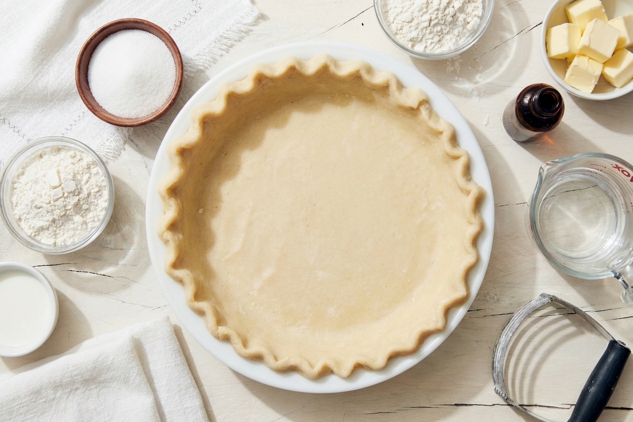 Unbaked pie crust in a pie dish surrounded by bowls of sugar, flour, butter, vanilla extract, milk, and a measuring cup of water on a bright kitchen counter