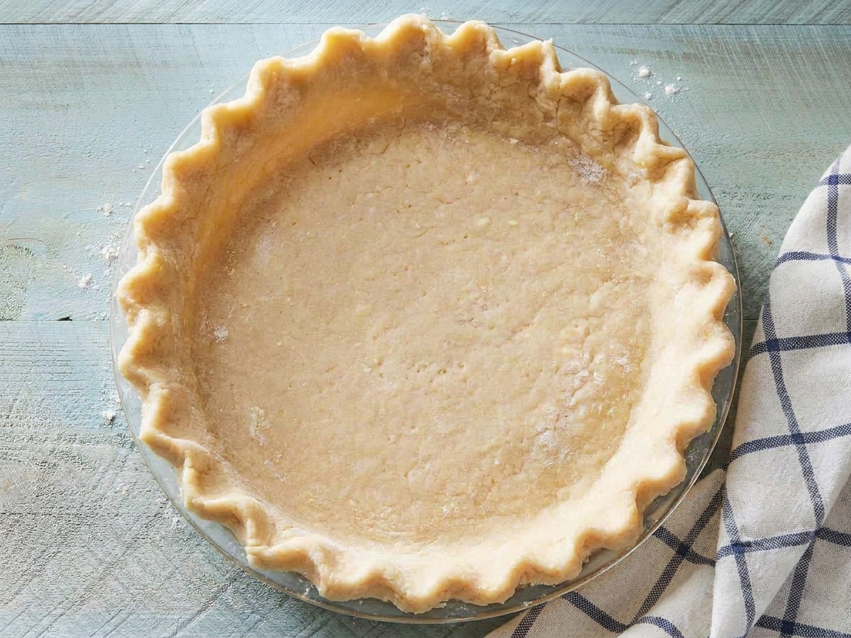 Unbaked pie dough fitted into a glass pie dish with crimped edges, sitting on a kitchen counter