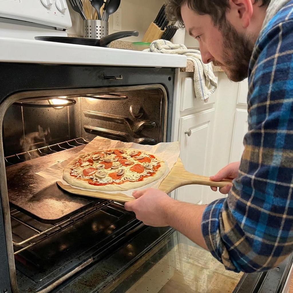 Unbaked pizza on parchment being slid onto a preheated baking steel in a home oven