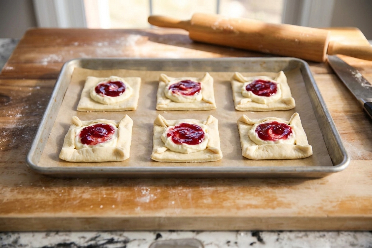 Unbaked puff pastry danishes on a parchment-lined sheet pan with cream cheese filling and raspberry jam swirled in the centers