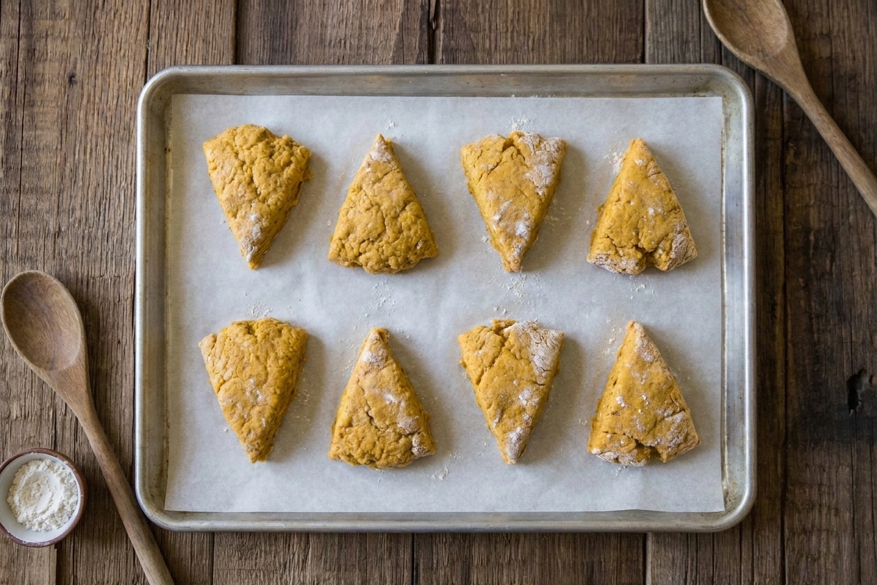 Unbaked pumpkin scone wedges arranged on a parchment-lined baking sheet on a kitchen counter