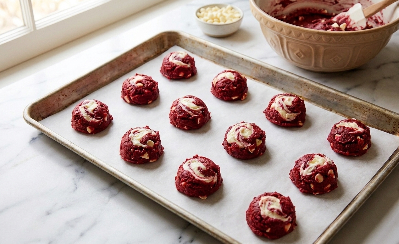 Unbaked red velvet cookie dough balls with cream cheese swirls arranged on a parchment-lined baking sheet