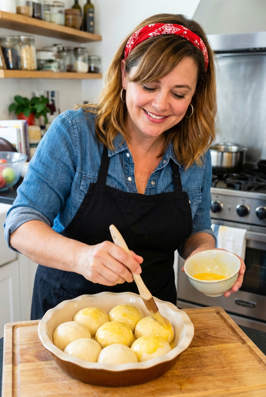 Unbaked rolls in a baking dish being brushed with egg wash using a pastry brush