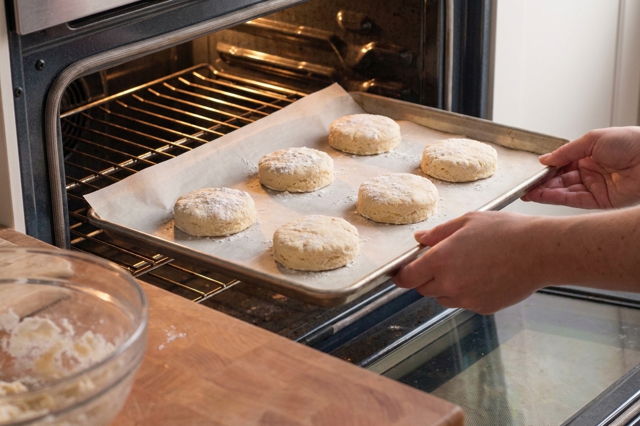 Unbaked scones on a parchment-lined baking sheet being placed into a preheated oven